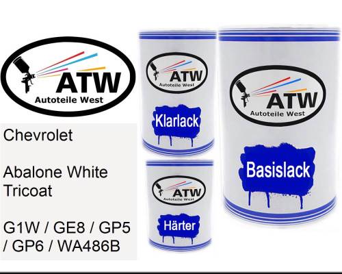 Chevrolet, Abalone White Tricoat, G1W / GE8 / GP5 / GP6 / WA486B: 500ml Lackdose + 500ml Klarlack + 250ml Härter - Set, von ATW Autoteile West.